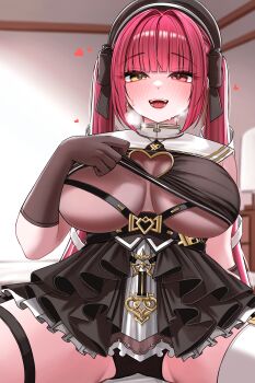 1girl absurdres beret black_bodysuit black_gloves black_hat black_ribbon black_shirt blush bodysuit breasts cleavage cleavage_cutout clothes_lift clothing_cutout gloves hair_ribbon hat heart heart_cutout heterochromia highres hololive houshou_marine houshou_marine_(ahoy!!_you&#039;re_all_pirates) long_hair open_mouth red_eyes red_hair ribbon ruo1001 shirt shirt_lift solo thigh_strap thighhighs twintails virtual_youtuber white_thighhighs yellow_eyes