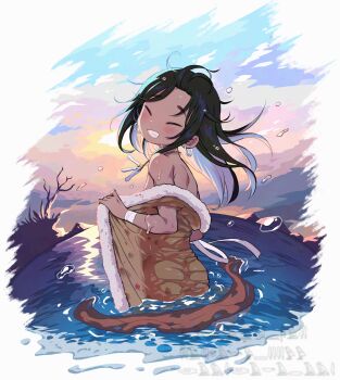 1girl black_hair blush border brown_coat closed_eyes coat commentary_request dark-skinned_female dark_skin earrings from_behind grin highres irregular_border jewelry jigokuraku loli long_hair looking_at_viewer necklace nurugai ogata_zen outdoors partially_submerged smile solo sunset undressing water white_border