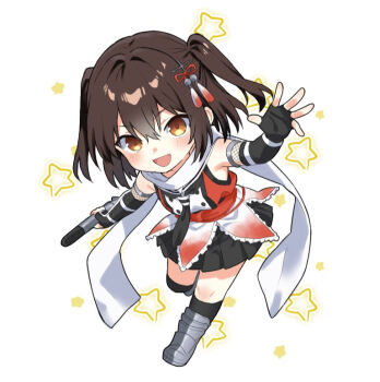 1girl black_gloves black_hair black_neckerchief black_skirt black_thighhighs brown_eyes buttons chibi commentary_request double-breasted elbow_gloves fingerless_gloves frilled_skirt frills full_body gloves holding holding_torpedo kantai_collection neckerchief pleated_skirt red_shirt sailor_collar sailor_shirt scarf sendai_(kancolle) sendai_kai_ni_(kancolle) shirt skirt sleeveless sleeveless_shirt smile solo star_(symbol) star_symbol_background thighhighs torpedo two_side_up white_background white_sailor_collar white_scarf yuzuttan