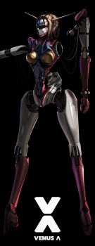 1girl absurdres black_background breasts cable english_text full_body highres logo mazinger_(series) mechanical_arms medium_breasts robot robot_girl shin_mazinger_zero venus_a vuqozu