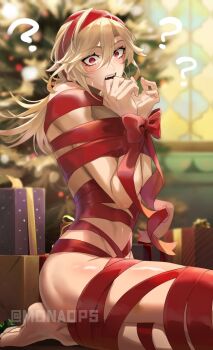 1boy ? ?? @_@ blonde_hair bound bow box christmas_tree genshin_impact gift gift_box hair_between_eyes kaveh_(genshin_impact) long_hair male_focus mn nude open_mouth red_bow red_eyes red_ribbon ribbon ribbon_bondage solo