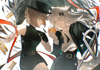 Rule 34 | 2girls, absurdres, animal ears, arknights, artist request, bare shoulders, belt, black belt, black hat, black jacket, black skirt, blue eyes, brown hair, chinese commentary, closed mouth, collared shirt, commentary request, commission, cowboy shot, crossover, dress, floating hair, grey eyes, grey hair, gun, haibara ai, hair between eyes, hair ornament, hairclip, hat, highres, holding, holding gun, holding weapon, jacket, lappland (arknights), light particles, long hair, long sleeves, looking at another, meitantei conan, multiple girls, profile, scar, scar across eye, scar on face, second-party source, shirt, short dress, short hair, skirt, sleeveless, sleeveless dress, smile, sword, weapon, white shirt, wolf, wolf ears, wolf girl