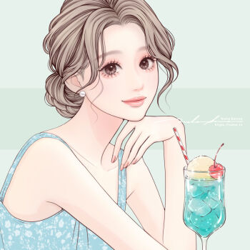 1girl artist_name blue_shirt brown_eyes brown_hair cherry cup drinking_straw earrings eyelashes food fruit green_background ice_cream jewelry lipstick looking_at_viewer makeup medium_hair naho_graphics original shirt simple_background sleeveless sleeveless_shirt solo upper_body watermark web_address