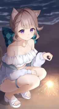 1girl absurdres alternate_costume animal_ear_fluff animal_ears aqua_bow beach bikini bow breasts brown_hair cat_ears cat_girl checkered_bow checkered_clothes closed_mouth collarbone fireworks frilled_bikini frills genshin_impact highres holding holding_fireworks huge_bow jacket long_hair looking_at_viewer lynette_(genshin_impact) makaroni_(makaroni_kana) night off_shoulder purple_eyes sandals small_breasts solo sparkler squatting swimsuit thigh_strap white_bikini white_jacket white_sandals