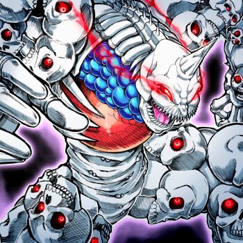 aura back_spikes bone castlevania:_harmony_of_despair clenched_hand commentary cowboy_shot crosshatching duel_monster eye_trail getsu_fuuma_den glowing glowing_eyes hatching_(texture) highres horns light_trail linear_hatching moltengates monster no_humans open_mouth red_eyes ribs ryu_kokki ryukotsuki saliva sharp_teeth single_horn skeleton skull spikes spine teeth too_many_eyes yu-gi-oh!