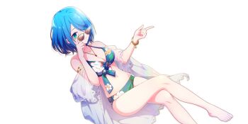 Rule 34 | 1girl, adjusting eyewear, armlet, barefoot, bikini, blue hair, bracelet, breasts, chloe (lapis re:lights), cleavage, closed mouth, crossed legs, floral print, floral print bikini, frilled shirt, frills, game cg, gem, gold bracelet, green bikini, green eyes, groin, hair over one eye, highres, index finger raised, jewelry, lapis re:lights, looking at viewer, medium breasts, navel, necklace, official art, open clothes, open shirt, print bikini, purple gem, reclining, see-through clothes, see-through shirt, shirt, short hair, simple background, smile, solo, sungalsses, swimsuit, third-party source, transparent background, white shirt
