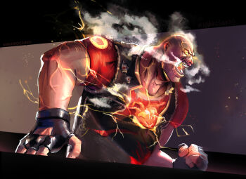 1boy bald core electricity electrokinesis fighting_stance from_below from_side glowing glowing_eyes heavy_(tf2) highres large_hands lightning looking_ahead male_focus minarosario mouth_trail muscular muscular_male profile red_heavy_(tf2) solo steam breath team_fortress_2 thick_eyebrows thick_neck ubercharge_(tf2) upper_body veins veiny_arms veiny_neck