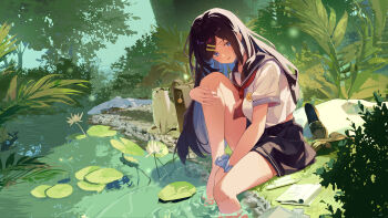 1girl :d absurdres ai_ai_gasa backlighting bag barefoot between_legs black_hair black_sailor_collar black_skirt blue_eyes blue_scrunchie blush cat commentary day eyelashes eyes_visible_through_hair foot_out_of_frame forest grass hair_ornament hairclip hand_between_legs highres hugging_own_legs knee_up loafers long_hair looking_at_viewer midriff_peek miniskirt nail_polish nature neckerchief notebook open_mouth original outdoors parallel_hairclips parted_bangs pink_nails red_neckerchief ripples river sailor_collar scenery school_bag school_uniform scrunchie serafuku sercet shirt shoes short_sleeves skirt smile soaking_feet solo straight_hair tsurime unworn_shoes very_long_hair water white_cat white_shirt wrist_scrunchie
