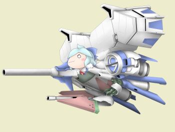 1girl bad_id bad_pixiv_id chibi circled_9 cirno dendrobium_schema female_focus food fruit gundam gundam_0083 highres mecha mecha_musume parody robot shishigami_(sunagimo) simple_background solo touhou watermelon