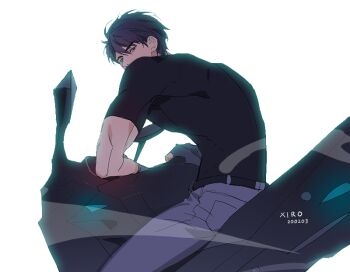 1boy artist_name belt black_eyes black_gloves black_hair commentary_request covered_mouth feet_out_of_frame fingerless_gloves from_behind gloves korean_commentary leaning_forward looking_at_viewer looking_back male_focus muscular muscular_male omniscient_reader&#039;s_viewpoint short_hair slouching solo vehicle_request xiro yoo_joonghyuk