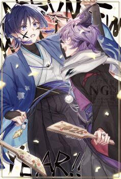 2026 2boys commentary_request dragon_boy dragon_horns durin_(genshin_impact) earrings genshin_impact highres holding holding_brush horns jewelry long_sleeves looking_at_another male_focus multiple_boys open_mouth pink_eyes rinbo_7140 scaramouche_(genshin_impact) teeth wanderer_(genshin_impact)