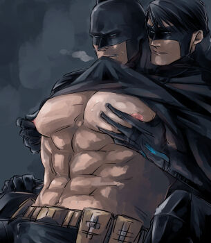 2boys abs bara bare_pectorals batman batman_(series) belt black_bodysuit black_cape black_hair bodysuit bruce_wayne cape clothes_lift dc_comics dick_grayson father_and_son fuji_biotope6 grabbing_from_behind groping incest large_pectorals looking_at_another male_focus mask multiple_boys muscular muscular_male navel nightwing nipple_stimulation nipple_tweak nipples pectoral_grab pectorals short_hair smile yaoi