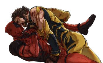 2boys ass black_gloves blood blood_from_mouth blood_on_clothes bodysuit brown_hair commentary deadpool deadpool_&amp;_wolverine deadpool_(series) gloves hand_on_another's_head highres holding holding_knife knife looking_at_another male_focus marvel mcbuckwheat multicolored_bodysuit multiple_boys muscular muscular_male open_mouth red_bodysuit red_mask short_hair simple_background stab superhero_costume symbol-only_commentary teeth torn_bodysuit torn_clothes two-tone_bodysuit white_background wolverine_(x-men) x-men yaoi yellow_bodysuit