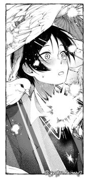 1girl :o awestruck bird blazer blush commentary_request dove futsuu_no_keion-bu greyscale gyogyo_kasien hair_ornament hairpin inset_border jacket kouyama_rin monochrome open_mouth pigeon pixie_cut school_uniform short_hair solo sparkle sweater twitter_username upper_body