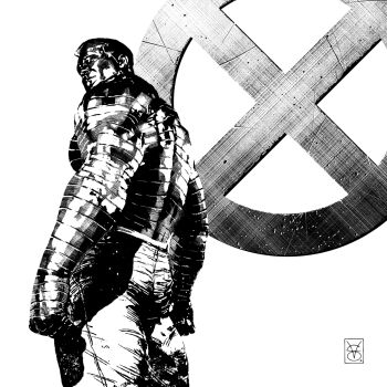 1boy artist_name black_hair bodysuit broad_shoulders colored_skin colossus_(x-men) commentary english_commentary gloves highres looking_to_the_side male_focus marvel metal_skin monochrome muscular realistic signature superhero_costume valerio_giangiordano western_comics_(style) x-men x-uniform x_(symbol)