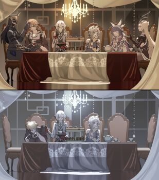 2boys 4girls alcohol arlecchino_(genshin_impact) big_itachi black_hair blonde_hair brown_hair capitano_(genshin_impact) chair chandelier closed_eyes colored_inner_hair columbina_(genshin_impact) cup dessert dining_room food genshin_impact highres holding holding_cup long_hair mask multicolored_hair multiple_boys multiple_girls on_chair orange_hair purple_hair sandrone_(genshin_impact) short_hair signora_(genshin_impact) table tartaglia_(genshin_impact) tea teacup veil white_hair wine