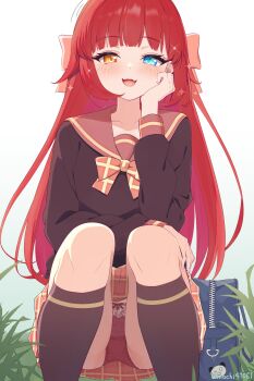 1girl bag bag_charm black_shirt black_socks blue_bag blue_eyes blush bow bow_panties charm_(object) commentary_request crotch_seam fang feet_out_of_frame grid_print hair_bow hand_on_own_cheek hand_on_own_face hand_on_own_thigh hand_up heterochromia highres kneehighs lingerie long_hair long_sleeves looking_at_viewer open_mouth orange_eyes original panties pink_bow pink_sailor_collar pink_skirt red_hair red_panties sailor_collar school_bag school_uniform serafuku shirt shitogi_(mochi41061) simple_background skin_fang skirt sleeve_cuffs smile socks solo squatting twitter_username underwear very_long_hair white_background wispy_bangs