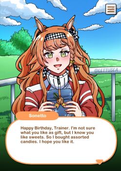 1girl :d alternate_universe animal_ears bag blue_sky character_name cloud cloudy_sky dialogue_box english_text grass green_eyes hands_up highres holding holding_bag horse_ears horse_girl incoming_gift jacket kemonomimi_mode lettuce_(lettusea) long_hair open_mouth outdoors railing red_jacket reverse:1999 sky smile solo sonetto_(reverse:1999) tracen_training_uniform track_jacket tree twitter_username two_side_up umamusume upper_body user_interface