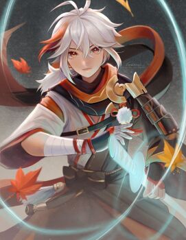 1boy arm_up armor bandaged_arm bandages belt belt_buckle black_belt brown_eyes buckle chest_belt closed_mouth commentary double-parted_bangs english_commentary feet_out_of_frame fingerless_gloves genshin_impact gloves hair_between_eyes highres japanese_armor japanese_clothes kaedehara_kazuha kookirani kote leaf male_focus maple_leaf multicolored_hair red_hair solo streaked_hair white_hair wide_sleeves wind