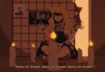 2girls apron black_dress blonde_hair blurry bow braid brown_hair candle cover dark_room depth_of_field dress film_grain frilled_dress frills game_screenshot green_bow hair_bow hakurei_reimu hakurei_reimu_(pc-98) highly_responsive_to_prayers highres juliet_sleeves kirisame_marisa long_hair long_sleeves mary_janes multiple_girls nintendo_switch pentagram pixie_(milkywaypixies) puffy_sleeves red_bow red_neckwear ribbon ritual sariel_(touhou) shoes short_hair short_sleeves single_braid static touhou touhou_(pc-98) video_game_cover video_game_cover_(object) waist_apron white_legwear