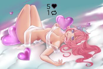 1girl balloon breasts commentary completely_nude covering_breasts covering_crotch covering_privates cyrene_(honkai:_star_rail) cyrene_(ripples_of_past_reverie)_(honkai:_star_rail) diamond-shaped_pupils diamond_(shape) english_commentary flower hair_flower hair_ornament heart heart-shaped_pillow heart_balloon highres honkai:_star_rail honkai_(series) knees_up large_breasts like_and_retweet long_hair lying navel nekopaws_waifu nude on_back pillow pink_hair purple_eyes smile solo stomach symbol-shaped_pupils twitter_strip_game