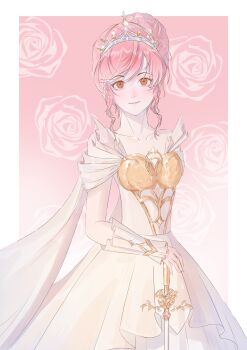 Rule 34 | 1girl, absurdres, armor, bare shoulders, border, breastplate, brown eyes, cape, chinese commentary, closed mouth, collarbone, commentary request, cowboy shot, dress, eyelashes, floral background, flower, frilled arm warmers, gradient background, hair bun, happy, highres, holding, holding sword, holding weapon, infinity nikki, light blush, lipstick, looking at viewer, makeup, melody bloom (infinity nikki), nikki (nikki), nikki (series), nostrils, off-shoulder dress, off shoulder, outside border, pink background, pink hair, pink lips, pleated dress, rose, short hair with long locks, short sleeves, sidelocks, single hair bun, smile, solo, standing, swept bangs, sword, textless version, tiara, updo, wang jue, wavy hair, weapon, white arm warmers, white border, white cape, white dress