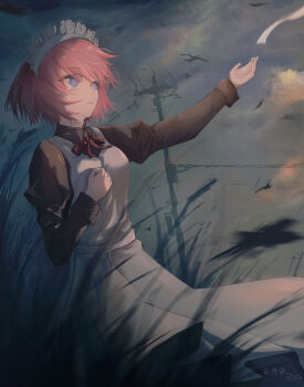1girl absurdres bird black_shirt blue_eyes closed_mouth commentary_request dress grass highres hisui_(tsukihime) juliet_sleeves long_sleeves looking_ahead maid maid_headdress outstretched_arm overcast pink_hair power_lines puffy_sleeves res_ssss shirt short_hair sky solo tsukihime white_dress