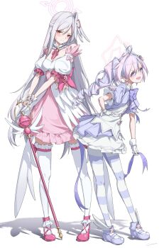 2girls absurdres ahoge blue_archive blue_shoes breasts cleavage closed_mouth dress drill_hair full_body gloves grey_hair hair_between_eyes halo highres long_hair looking_at_viewer magical_girl multicolored_hair multiple_girls official_alternate_hairstyle open_mouth pantyhose pink_shoes puffy_short_sleeves puffy_sleeves purple_hair reisa_(blue_archive) reisa_(magical)_(blue_archive) shoes short_sleeves simple_background standing streaked_hair striped_clothes striped_pantyhose suzumi_(blue_archive) suzumi_(magical)_(blue_archive) thighhighs twin_drills very_long_hair white_background white_gloves white_thighhighs yo_na