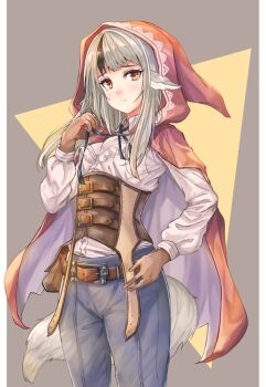 1girl belt belt_buckle blue_pants blue_ribbon border brown_belt brown_gloves buckle cape closed_mouth dress_shirt fire_emblem fire_emblem_fates fuussu_(21-kazin) gloves grey_background hood hood_up hooded long_hair looking_at_viewer neck_ribbon nintendo pants pillarboxed red_cape ribbon shirt silver_hair solo standing underbust velouria_(fire_emblem) white_border white_shirt yellow_eyes