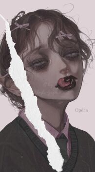 Rule 34 | 1954love hate, 1girl, :d, aegyo sal, black necktie, black vest, brown hair, character name, collared shirt, commentary request, fangs, half-closed eyes, highres, licking lips, long hair, looking at viewer, necktie, open mouth, original, pink shirt, pointy ears, shirt, smile, solo, tongue, tongue out, upper body, vest