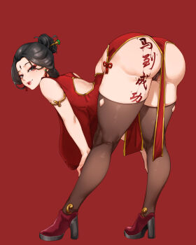 Rule 34 | 1girl, absurdres, ass, bent over, black hair, black panties, breasts, brown eyes, cameltoe, china dress, chinese clothes, chinese commentary, chinese text, commentary request, dress, earrings, facial mark, forehead mark, from behind, full body, hair ornament, hairpin, hands on own legs, hatrx, high heels, highres, huge ass, huge breasts, jewelry, looking at viewer, mature female, mole, mole under eye, original, panties, pantyshot, presenting, presenting ass, red background, red lips, sagging breasts, simple background, solo, tassel, tassel earrings, thighhighs, translation request, underwear