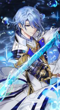 1boy agemaki_knot armor asymmetrical_armor black_armor blue_hair blurry closed_mouth depth_of_field fractalmagnolia genshin_impact gold_trim hair_behind_ear hair_over_one_eye hand_up holding holding_sword holding_weapon hydrokinesis jacket japanese_armor kamisato_ayato light_smile liquid_weapon long_sleeves looking_down male_focus medium_hair mole mole_under_mouth parted_bangs popped_collar purple_eyes ribbon-trimmed_sleeves ribbon_trim shoulder_armor single_sode sode solo sword upper_body water water_drop weapon white_jacket wide_sleeves