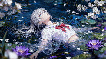 highres non-web_source school_uniform shinomiya_ginka shirt wet wet_clothes wet_shirt white_hair