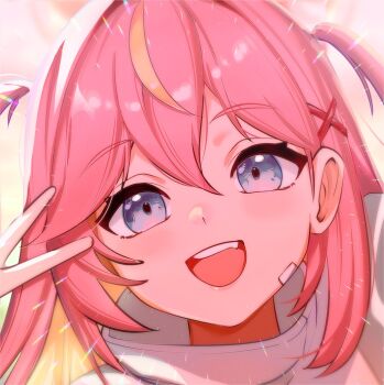 1girl :d aqua_eyes bandaid bandaid_on_cheek bandaid_on_face blonde_hair blumer colored_inner_hair commentary_request emphasis_lines hair_between_eyes hair_ornament indie_virtual_youtuber jacket kotori_hikari long_hair multicolored_hair open_mouth pink_hair portrait profile_picture smile spanish_commentary streaked_hair teeth turtleneck turtleneck_jacket two_side_up upper_teeth_only v v_over_eye virtual_youtuber white_jacket x_hair_ornament