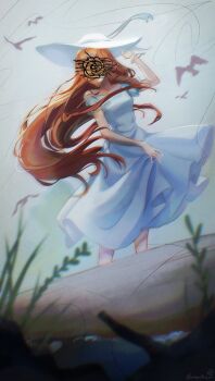 Rule 34 | 1girl, arisugawa juri, bird, bracelet, cloversforjuri, commentary, covered face, dress, english commentary, floating hair, flower, hat, highres, jewelry, long hair, orange hair, ringlets, rose, short sleeves, shoujo kakumei utena, shoujo kakumei utena adolescence mokushiroku, signature, very long hair, white dress, white hat, yellow flower, yellow rose