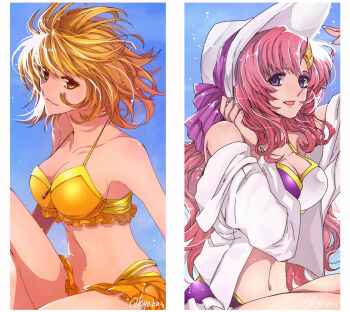 2girls :d bare_legs bikini blonde_hair blue_eyes breasts brown_eyes cagalli_yula_athha cleavage closed_mouth floating_hair gundam gundam_seed hair_ornament hairclip halterneck hat highres huxoran77 jacket lacus_clyne long_hair long_sleeves medium_breasts multicolored_bikini multiple_girls navel off_shoulder open_clothes open_jacket open_mouth pink_hair purple_bikini smile split_screen sun_hat swimsuit twitter_username two-tone_bikini very_long_hair white_bikini white_hat white_jacket yellow_bikini yellow_trim