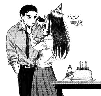 1boy 2girls absurdres aged_down arm_hair baby baby_carry belt belt_buckle birthday birthday_cake black_belt black_eyes black_hair black_pants breast_pocket buckle buttons cake candle carrying character_name collared_shirt commentary_request dated doujima_chisato doujima_nanako doujima_ryoutarou dress_shirt facial_hair family father_and_child father_and_daughter food fruit goatee_stubble greyscale hand_in_pocket hand_up happy_birthday hat hatching_(texture) highres holding holding_unworn_clothes holding_unworn_jacket husband_and_wife icing icing_on_face index_finger_raised jacket long_hair long_sidelocks long_skirt monochrome mother_and_child mother_and_daughter multiple_girls necktie nenmul pants parent_and_child party_hat persona persona_4 plate pleated_skirt pocket shirt shirt_tucked_in short_hair short_twintails sidelocks simple_background skirt sleeves_rolled_up standing straight_hair strawberry strawberry_cake stubble table twintails unworn_hat unworn_headwear unworn_jacket white_background