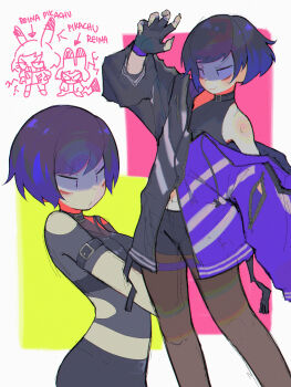 1girl absurdres commentary fingerless_gloves fingernails gen_1_pokemon gloves highres hood hood_down jacket pikachu purple_jacket pyoko_(sandwicha) reina_(tekken) sharp_fingernails short_hair tekken tekken_8 zipper