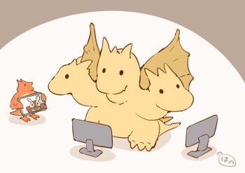 brown_background chibi dragon godzilla_(series) hanomido holding king_ghidorah monitor mothra multiple_heads no_humans rodan shadow tablet_pc toho two-tone_background white_background