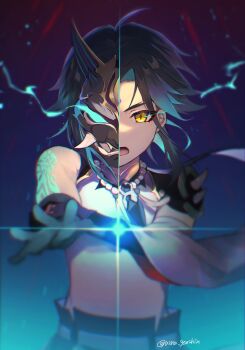 1boy arm_tattoo azna bead_necklace beads black_hair blue_hair commentary_request eyeshadow facial_mark forehead_mark genshin_impact gloves glowing glowing_eyes gradient_hair highres jewelry looking_at_viewer makeup male_focus mask multicolored_hair necklace open_mouth red_eyeshadow solo sparkle split_screen tattoo twitter_username upper_body xiao_(genshin_impact) yellow_eyes