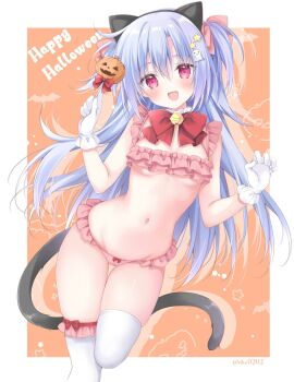 1girl animal_ear_hairband animal_ears bare_arms bell bikini blush bow bowtie breasts cat_ears cat_girl cat_tail character_request copyright_request fake_animal_ears gloves hairband halloween happy_halloween holding jingle_bell korie_riko long_hair looking_at_viewer navel open_mouth orange_background pink_bikini red_bow red_bowtie red_eyes small_breasts solo stomach swimsuit tail thighhighs thighs underboob very_long_hair white_gloves white_thighhighs
