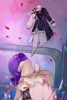 1girl absurdres asymmetrical_dress barefoot black_dress black_flower breasts commentary_request completely_nude dress evernight_(honkai:_star_rail) feet flower from_above hair_censor hair_flower hair_ornament hand_up highres honkai:_star_rail honkai_(series) le_(huanglongen) long_hair long_sleeves march_7th_(honkai:_star_rail) medium_breasts navel nude pink_hair red_flower red_petals solo stomach toes unworn_dress