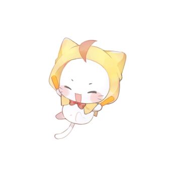 ^_^ ahoge animal_focus baonu_de_zhanshen_caibutou blush_stickers bow bowtie chinese_commentary cloak closed_eyes commentary_request ear_covers floating glowstick happy highres holding holding_glowstick hood hood_up hooded_cloak infinity_nikki momo_(nikki) navel nikki_(series) no_humans open_mouth penlight_(glowstick) red_bow red_bowtie simple_background smile solo traditional_bowtie variant_set whiskers white_background yellow_cloak