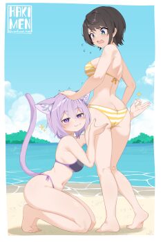 2girls :3 absurdres alternate_costume animal_ears artist_logo ass barefoot beach bikini blue_eyes blue_sky border breasts brown_hair cat_ears cat_girl cat_tail cloud commentary crossed_bangs day double-parted_bangs english_commentary full_body grabbing_another's_ass groping hair_between_eyes hakimen hand_on_another's_head head_on_ass highres hololive kneeling large_breasts logo messy_hair multiple_girls navel nekomata_okayu official_alternate_costume ok_sign oozora_subaru oozora_subaru_(hololive_summer_2019) outdoors presenting_another purple_bikini purple_eyes purple_hair sand short_hair side-tie_bikini_bottom sideboob signature sky smug standing star_(symbol) striped_bikini striped_clothes swept_bangs swimsuit tail twitter_username virtual_youtuber wavy_mouth white_border yellow_bikini