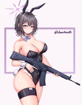 1girl absurdres animal_ear_hairband animal_ears bare_shoulders black_hair black_leotard blue_archive blush bow bowtie braid breasts ch_(charchive15) cleavage crown_braid detached_collar fake_animal_ears fake_tail groin gun hair_between_eyes hairband halo highleg highleg_leotard highres holding holding_gun holding_weapon large_breasts leotard looking_at_viewer playboy_bunny purple_bow purple_bowtie purple_eyes purple_halo rabbit_ear_hairband rabbit_ears rabbit_tail short_hair solo subaru_(blue_archive) tail thigh_strap thighs weapon wrist_cuffs