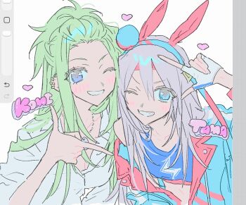 2girls animal_ears art_program_in_frame bangs_pinned_back barbell_piercing blue_eyes blue_hairband blue_jacket blue_sports_bra breasts buttons character_name cleavage collared_jacket collared_shirt contrast_lapels dog_tags dot_nose ear_covers ear_piercing eyelashes eyes_visible_through_hair fang finger_frame finger_frame_duo fingerless_gloves forehead gloves green_hair grey_hair grin hair_between_eyes hair_half_over_shoulder hair_ornament hairband happy headband heads_together heart highres horse_ears industrial_piercing jacket komiyama_masami lapels light_blush lightning_bolt_print long_hair long_hair_between_eyes long_sleeves m_budat1 messy_hair multiple_girls multiple_piercings notched_lapels one_eye_closed open_clothes open_jacket piercing ponytail print_sports_bra procreate_(medium) procreate_(software) purple_eyes red_headband shirt short_ponytail sidelocks simple_background smile sphere_hair_ornament sports_bra straight_hair tamamo_cross_(umamusume) tamamo_cross_(with_lightning_speed)_(umamusume) three-quarter_sleeves umamusume umamusume:_cinderella_gray upper_body v-shaped_eyebrows white_background white_gloves white_shirt