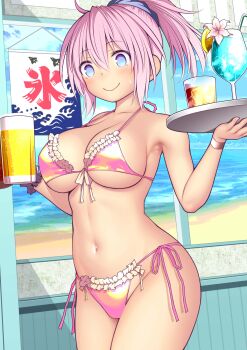 1girl absurdres alcohol aoba_(kancolle) beach beer beer_mug bikini blue_eyes breasts cup day drinking_straw flower frilled_bikini frills hair_between_eyes highres holding holding_cup holding_tray kantai_collection kooribata kuromayu large_breasts mug nervous_smile ocean outdoors pink_bikini pink_flower pink_hair ponytail scrunchie side-tie_bikini_bottom sky smile solo sweat swimsuit tray