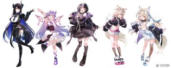 Rule 34 | 5girls, :d, ;d, animal ear fluff, animal ears, arm up, armpits, asymmetrical horns, asymmetrical legwear, bandaid, bandaid hair ornament, black boots, black dress, black hair, black horns, black jacket, black skirt, blonde hair, blue eyes, blue hair, blue hairband, blue streaks, boots, breasts, circlet, cleavage, colored inner hair, commentary, company name, copyright notice, crossed bangs, demon horns, dog ears, dog girl, dog tail, double-parted bangs, dress, english commentary, fake horns, fangs, fishnet socks, fishnet thighhighs, fishnets, full body, fur-trimmed jacket, fur trim, fuwawa abyssgard, fuwawa abyssgard (1st costume), grey hair, hair between eyes, hair ornament, hairband, hand up, high heels, highres, holoadvent, hololive, hololive english, horn hairband, horns, jacket, jewel under eye, kneehighs, koseki bijou, koseki bijou (1st costume), large breasts, long hair, looking at viewer, maru ccy, midriff, mococo abyssgard, mococo abyssgard (1st costume), multicolored hair, multiple girls, navel, nerissa ravencroft, nerissa ravencroft (1st costume), official art, one eye closed, open mouth, pink eyes, pink hair, pink hairband, pink streaks, purple eyes, red eyes, shiori novella, shiori novella (1st costume), shirt, shoes, short dress, short hair, short shorts, shorts, siblings, single leg pantyhose, single thighhigh, sisters, skin fangs, skirt, smile, socks, split-color hair, tail, thighhighs, twins, two-tone hair, two side up, uneven horns, uneven legwear, very long hair, vest, virtual youtuber, white dress, white shirt, white shoes, white shorts, white vest, x hair ornament, yellow eyes