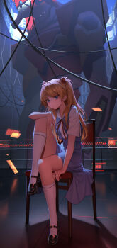 1girl absurdres black_shoes blue_eyes blue_skirt brown_hair eva_02 full_body highres knee_up long_hair looking_at_viewer mary_janes mecha neon_genesis_evangelion robot school_uniform shirt shoes sitting skirt socks solo souryuu_asuka_langley tokyo-3_middle_school_uniform two_side_up white_shirt white_socks xzu