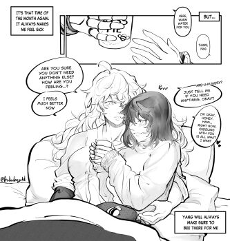 2girls absurdres animal_ears blake_belladonna blush cat_ears commentary cuddling cup english_commentary english_text frolicdragold greyscale hand_on_another's_waist heart highres holding holding_cup long_hair long_sleeves mechanical_arms medium_hair menstrual_cramps menstruation monochrome multiple_girls parted_lips pillow rwby single_mechanical_arm smile speech_bubble sweater twitter_username under_covers yang_xiao_long yuri